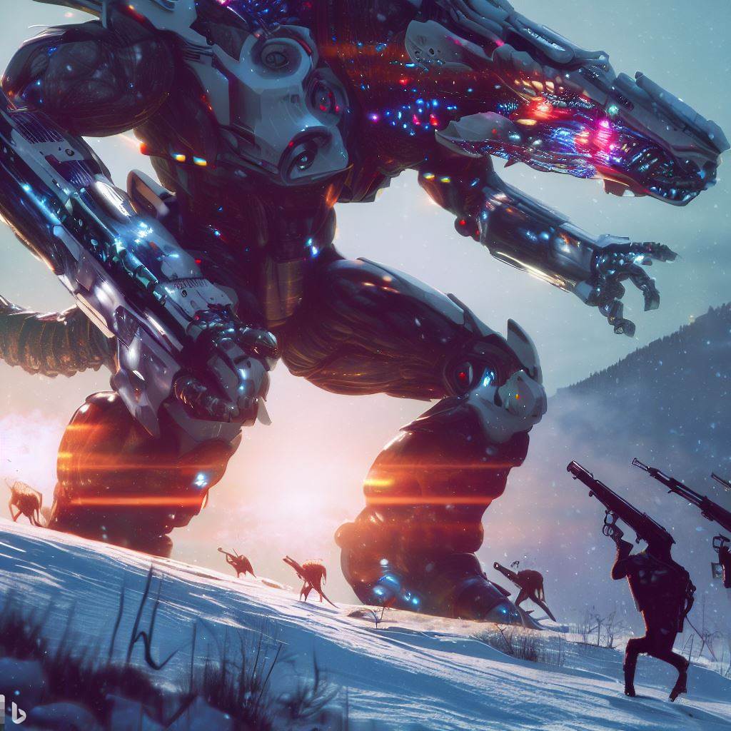 giant future mech dinosaur with guns fighting in snow, wildlife in foreground, bloom, lens flare, glass body, h.r. giger style 3.jpg